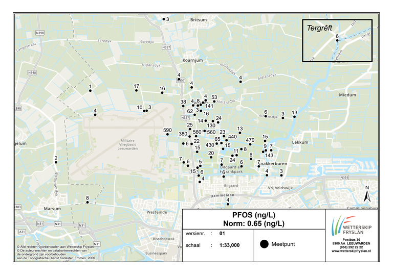Kaart uitslagen onderzoeken oppervlaktewater Jelsumer Feart van 1 maart tot en met 7 mei 2024