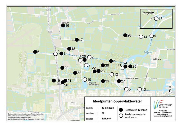 Kaart met alle meetpunten in het oppervlaktewater van de Jelsumer Feart en omliggende sloten en vaarten die onderzocht zijn of waar nog onderzoek gaat plaatsvinden. 