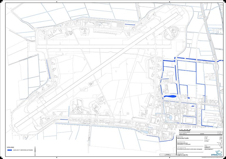 kaart met daarop watergangen op de vliegbasis en het terrein ten westen van de vliegbasis aangegeven waar aanvullend waterbodemonderzoek plaatsvindt naar de kwaliteit van de aanwezige sliblaag