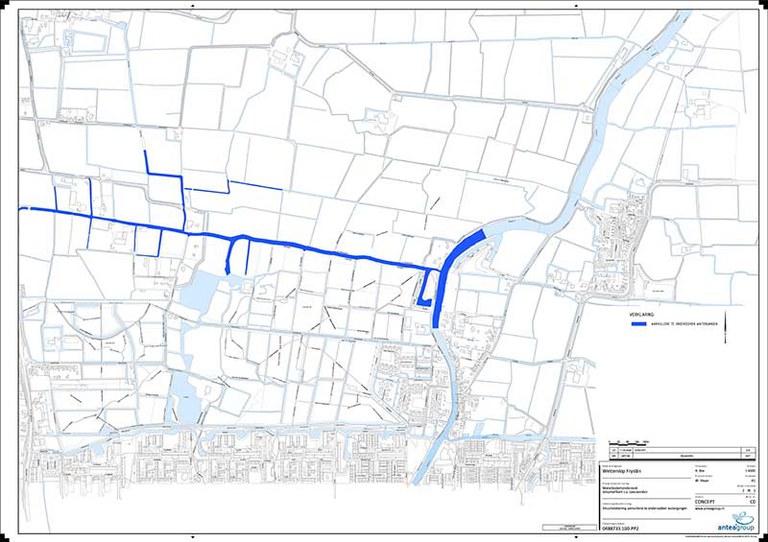 kaart met de Jelsumer Feart en de zijtakken met daarop aangegeven waar vanaf 13 maart aanvullend waterbodemonderzoek plaatsvindt naar de kwaliteit van de aanwezige sliblaag