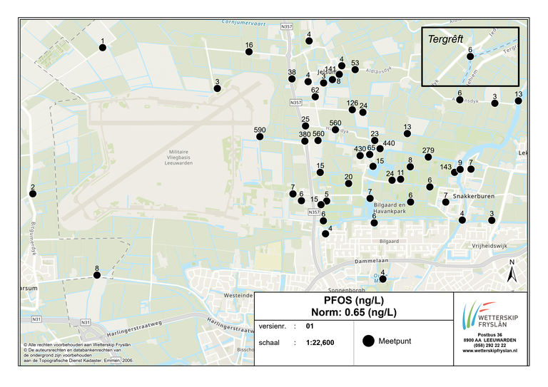 Kaart resultaten onderzoeken PFOS-gehaltes oppervlaktewater 19 en 26 maart en 9 april