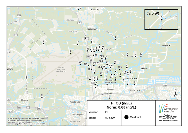 Kaart uitslagen onderzoek PFOS-gehaltes oppervlaktewater 1 maart tm 17 april 2024