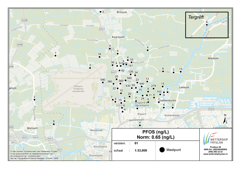 Kaart met uitslagen onderzoek PFOS-gehaltes oppervlaktewater 1 maart tot en met 17 april 2024