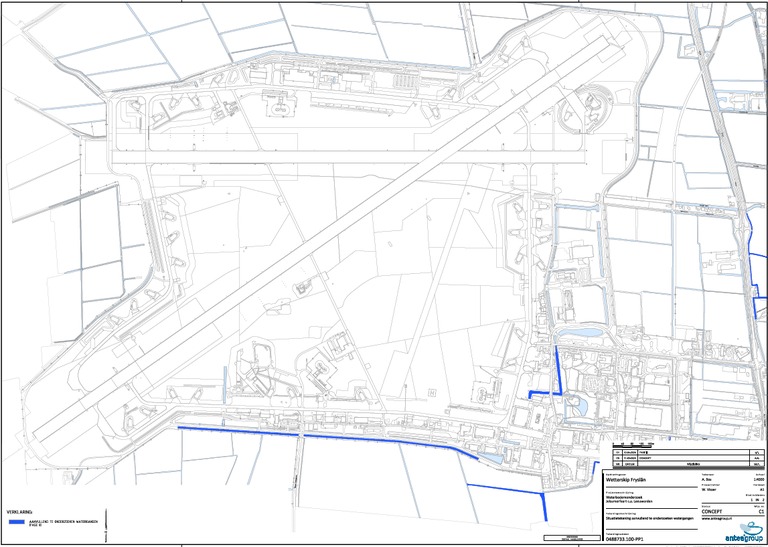 Plattegrond met trajecten aanvullend waterbodemonderzoek fase 2 zuidkant vliegbasis vanaf 15 april 2024