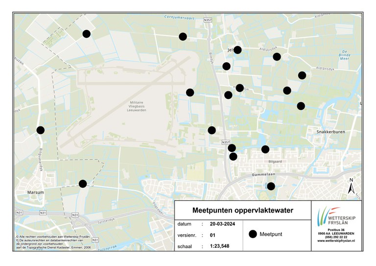 Kaart onderzoek PFOS-gehaltes oppervlaktewater Jelsumer Feart en omgeving - 19 maart 2024