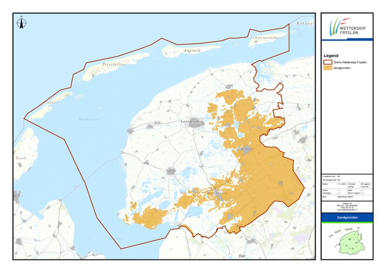 afbeelding van kaart met daarop de zandgronden in Friesland