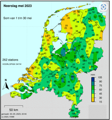 kaart met neerslagcijfers mei 2023