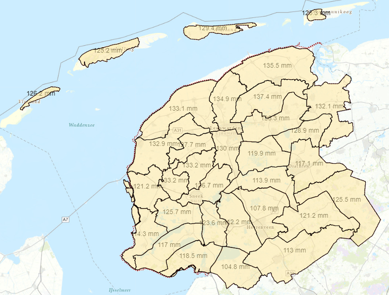 Een overzicht van de gemiddelde neerslagtekorten in de diverse rayons in Fryslan en een deel van het Groninger Westerkwartier. 