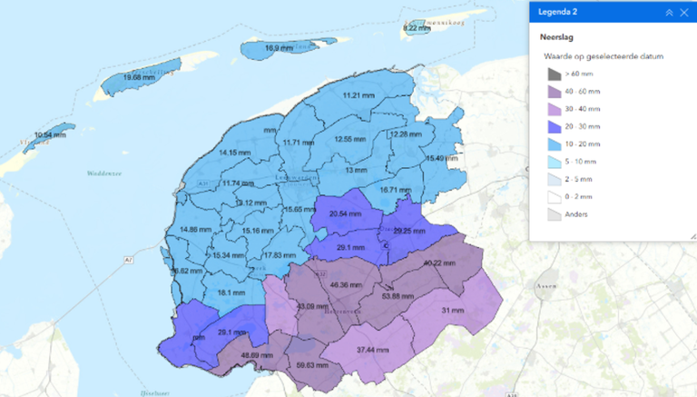 Neerslagsom per rayongebied over de periode 30 juni tot 8 juli