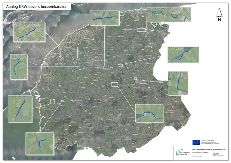 Kaart met locaties negen vaarten in Fryslân 